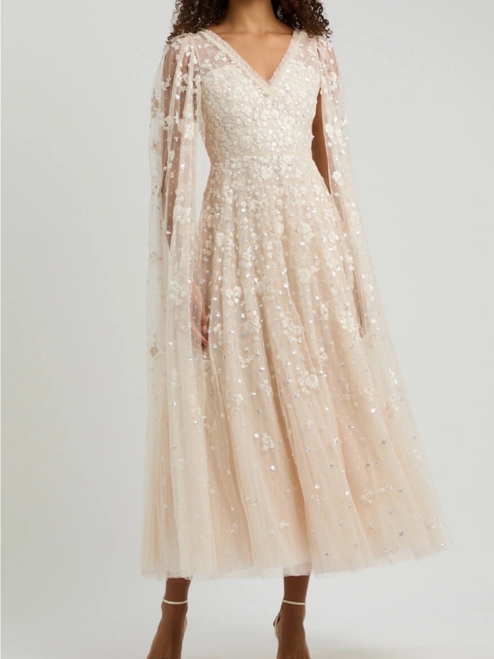 Needle & Thread Ivory Tulle Maxi Dress with Cape Sleeves